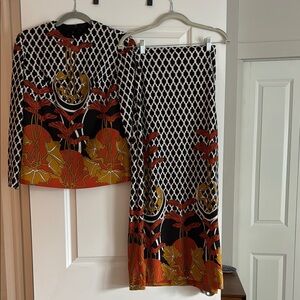 Vintage Black and White Patterned Top and Skirt Set with Red and Gold Accents